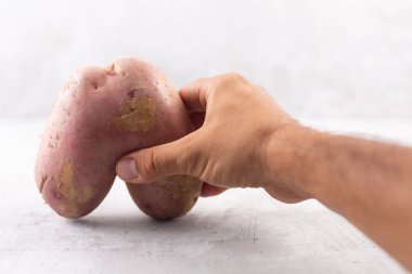 Gri bir arka plan üzerinde kalp şeklinde Çirkin patates. Komik, normal olmayan sebze veya gıda atık konsepti