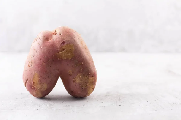 Уродливый картофель в форме сердца на сером фоне. Забавная, ненормальная концепция растительных и пищевых отходов — стоковое фото