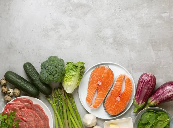 Atkins Diet food ingredients on concrete background, health concept, top view with copy space — Stock Image Atkins Diet food ingredients on concrete background, health concept, top view with copy space Royalty Free Stock Images
