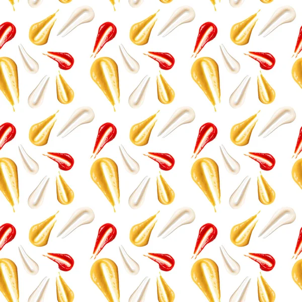 Patrón sin costuras. Salsas, incluyendo ketchup, mayonesa de mostaza sobre fondo blanco —  Fotos de Stock