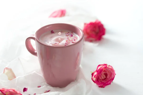 Rose Moon Milk Better Sleep White Background Ayurveda Warm Drink — Stock Photo, Image