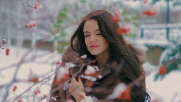Brunette stylish woman near bush with red berries slow motion — Stock Video
