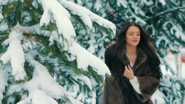 Brünettes Mädchen im braunen Pelzmantel bürstet Schnee vom Ast des Weihnachtsbaums in Zeitlupe