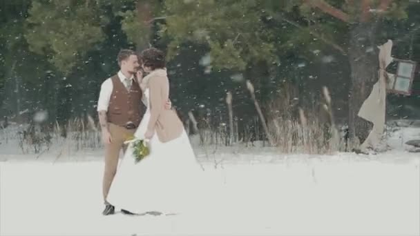Casal amoroso desfocado em pé no parque de inverno nevado — Vídeo de Stock