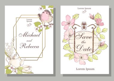 Robin kuş ve wiid ile kart dizisini gül yaprakları ve geometrik çerçeve ile. Düğün süsleme kavramı