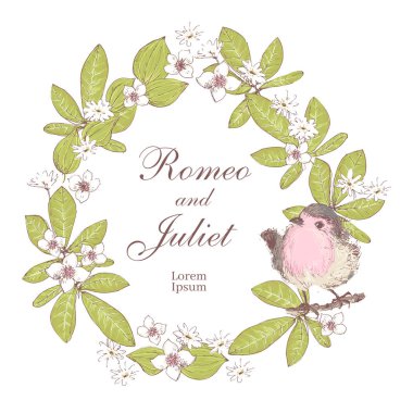 Kuş ile düğün dekor ve kır çiçekleri yaprakları, vektör, illüstrasyon kompozisyon