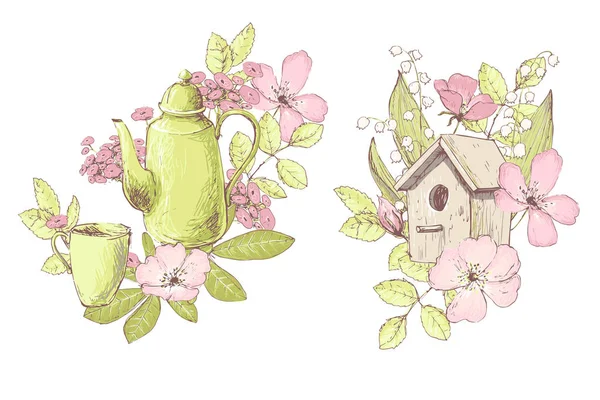 Composities Voor Bruiloft Decor Met Wilde Bloemen Theepot Met Birdhouse — Stockvector