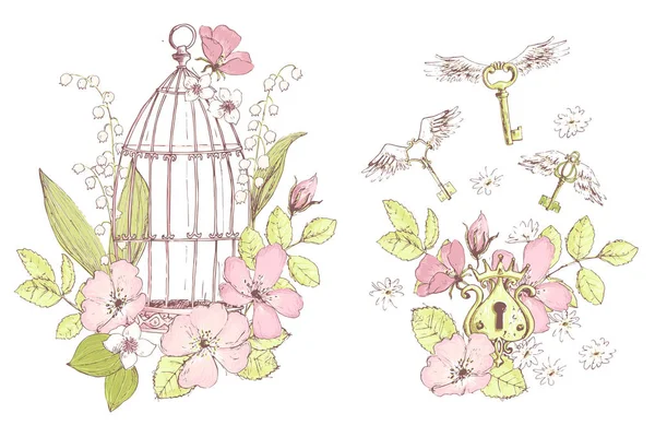 野生の花の結婚式の装飾とケージ 自由の概念とキーのための組成物 — ストックベクタ