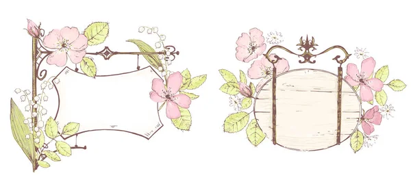 Romantis Floral Kosong Papan Dengan Mawar Liar Vektor Ilustrasi - Stok Vektor