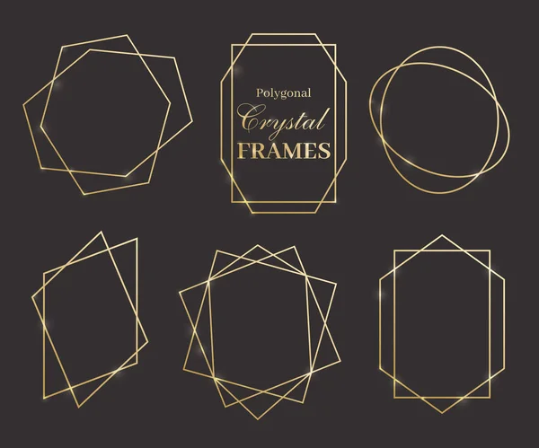 Set Aus Kristall Glänzende Geometrie Goldene Rahmen Auf Schwarzem Hintergrund — Stockvektor