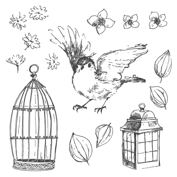 Vetor Romântico Coleção Desenhada Mão Pássaro Com Flores Símbolos Jardinagem — Vetor de Stock