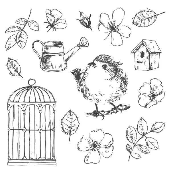 Vetor Romântico Coleção Desenhada Mão Pássaro Com Flores Símbolos Jardinagem — Vetor de Stock