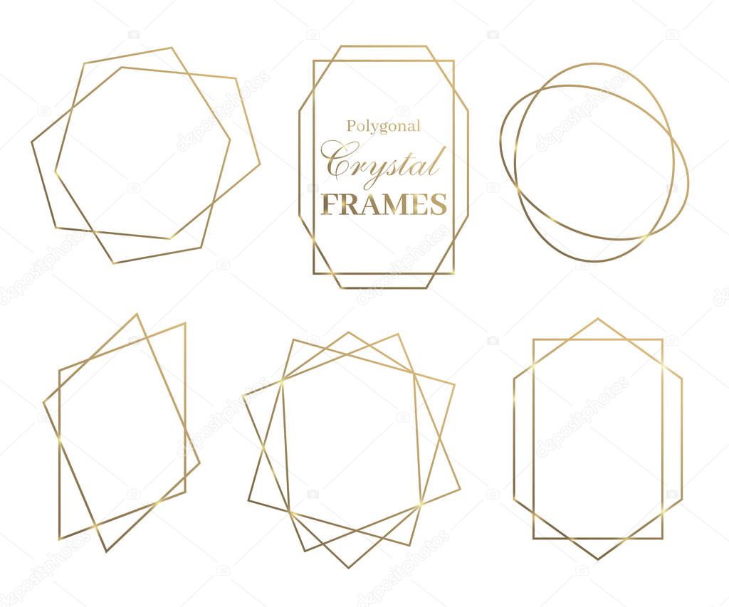 Set of crystal shiny geometry golden frames isolated on white background, vector, illustration