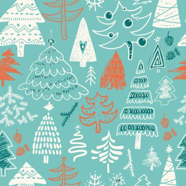 Komik doodle yılbaşı çam ağaçları seamless modeli. Elle çizilmiş Eskizler çocuklar. Ağaçları kış, tekstil, kağıt ambalaj