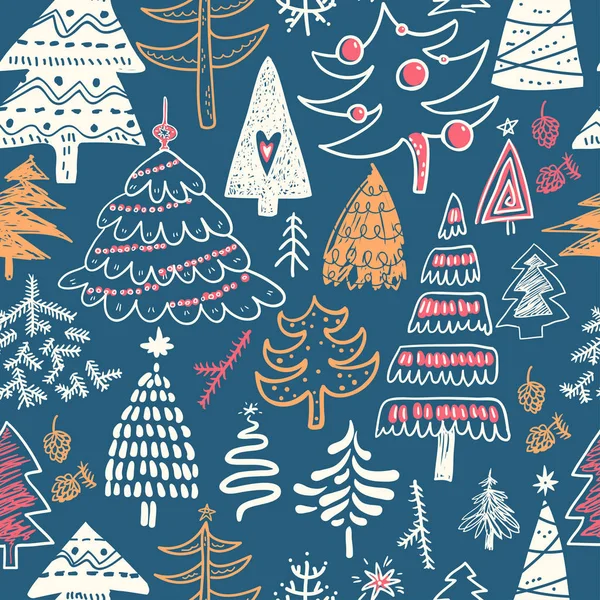 Funny Doodle Christmas Pine Trees Seamless Pattern Hand Kids Drawn — Stock Vector