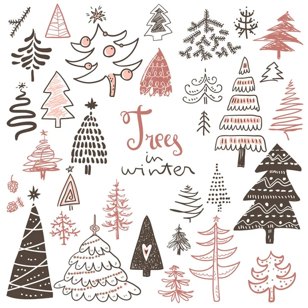 Funny Doodle Christmas Pine Trees Icons Collection Hand Kids Drawn — Stock Vector