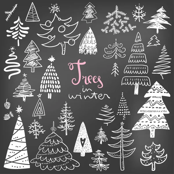 Funny Doodle Christmas Pine Trees Icons Collection Hand Kids Drawn — Stock Vector