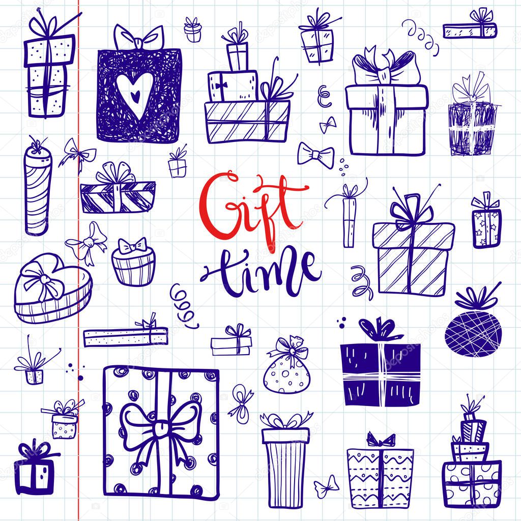 Funny doodle gift boxes holiday icons collection. Hand kids drawn sketches. Gift time, lettering
