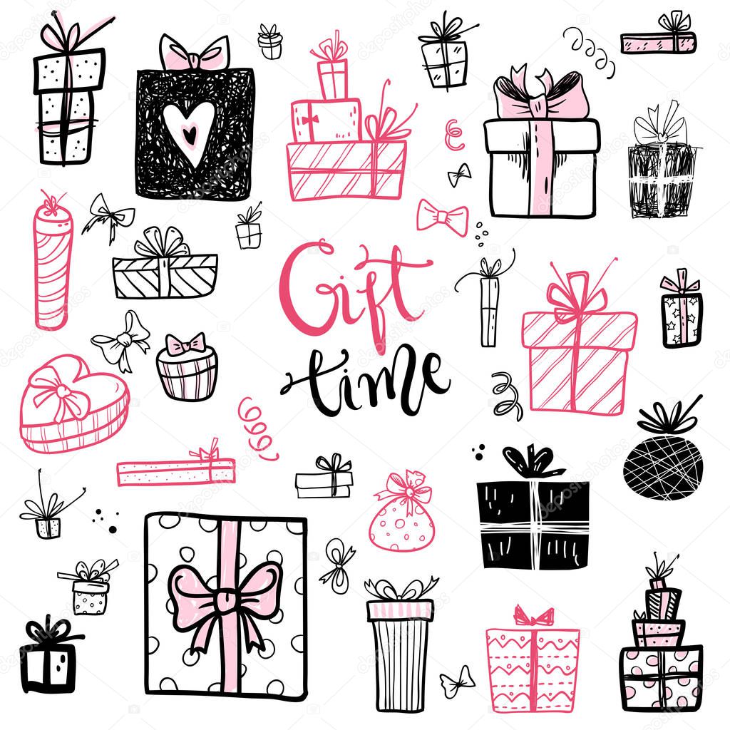 Funny doodle gift boxes holiday icons collection. Hand kids drawn sketches. Gift time, lettering
