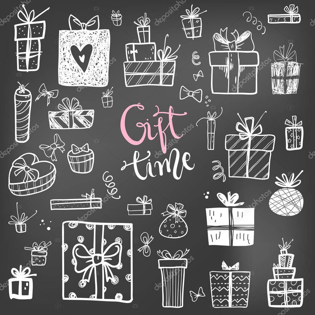 Funny doodle gift boxes holiday icons collection. Hand kids drawn sketches. Gift time, lettering