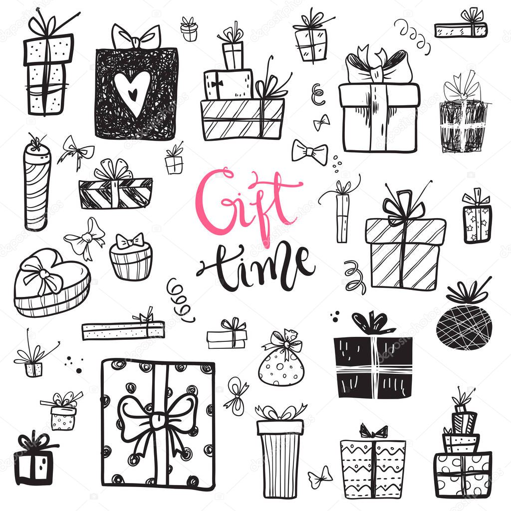 Funny doodle gift boxes holiday icons collection. Hand kids drawn sketches. Gift time, lettering