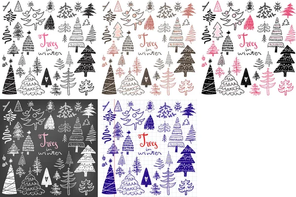 Веселі Каракулі Різдвяні Соснові Дерева Колекція Іконок Рука Дітей Намалювала — стоковий вектор