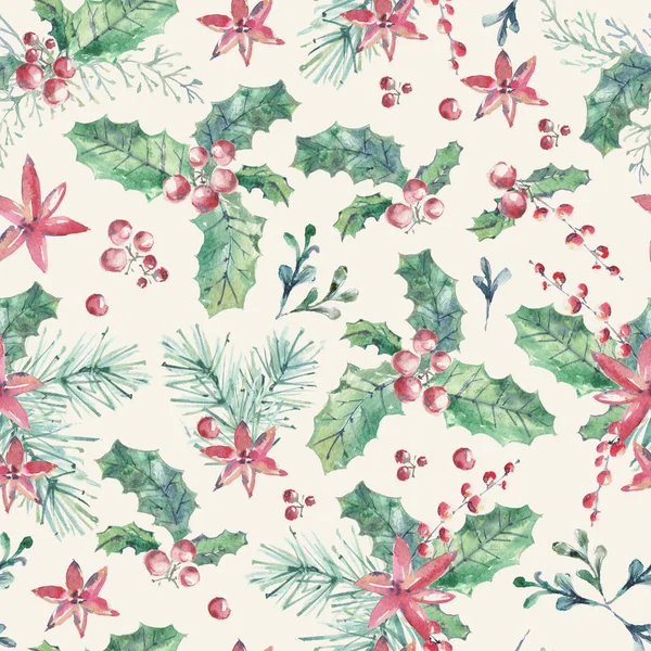 Watercolor Holiday Seamless Pattern Mistletoe Red Berries Cedar Needles — Stock Photo, Image