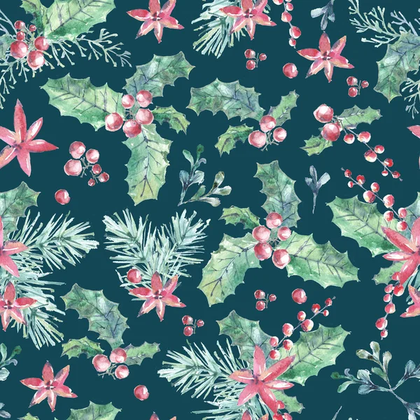 Holiday Seamless Pattern Mistletoe Red Berries Cedar Needles — Stock Photo, Image