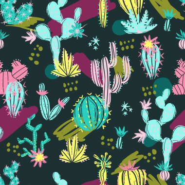 Elle çizilmiş kaktüsler. İskandinav tarzı parlak egzotik succulents.