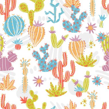 Elle çizilmiş kaktüsler. İskandinav tarzı parlak egzotik succulents.