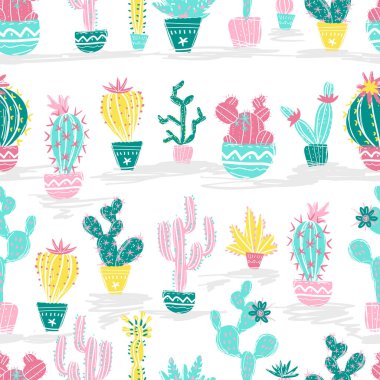 Elle çizilmiş kaktüsler. İskandinav tarzı parlak egzotik succulents.