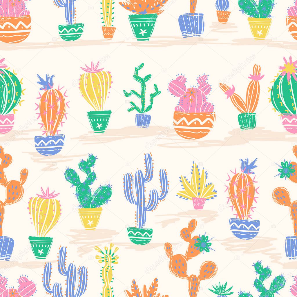Hand drawn cactuses. Bright exotic succulents in scandinavian style.