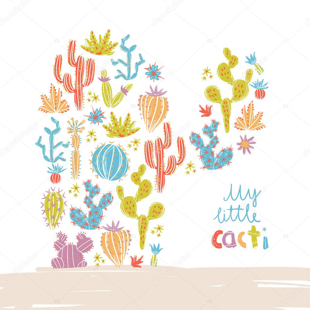 Hand drawn cactuses. Bright exotic succulents in scandinavian style.