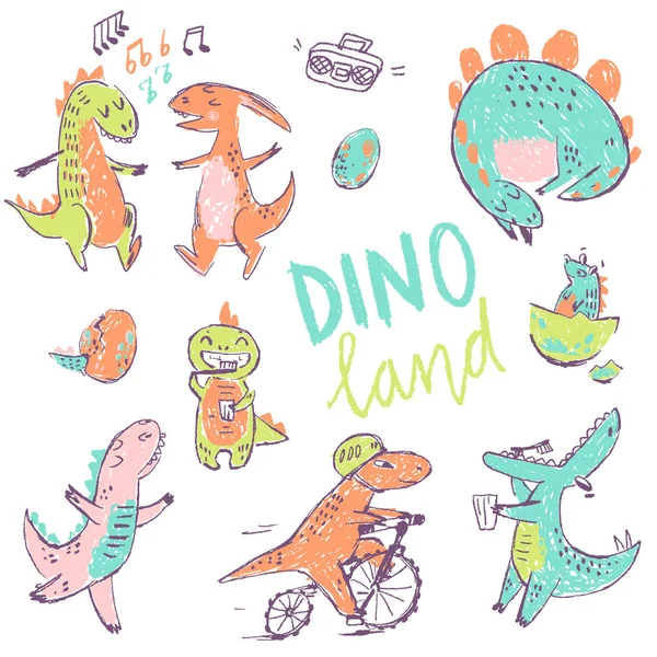 Doodle Bonito Coleção Dinossauros Dançar Limpar Dentes Dormir Andar Bicicleta — Vetor de Stock