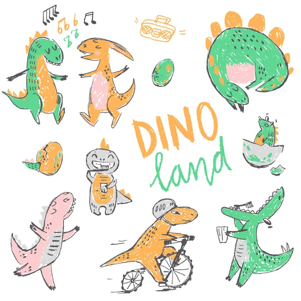 Doodle Şirin Dinozorlar Toplama Dans Diş Temizleme Uyku Bisiklet Sürme — Stok Vektör