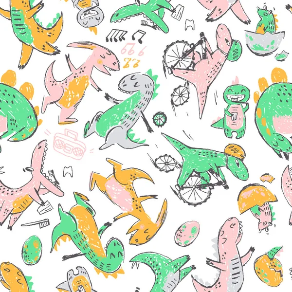 Doodle Милий Динозаврів Безшовний Візерунок Танці Чистка Зубів Їзда Велосипеді — стоковий вектор