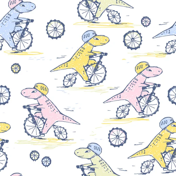 Doodle Carino Dinosauri Equitazione Biciclette Modello Senza Soluzione Continuità — Vettoriale Stock