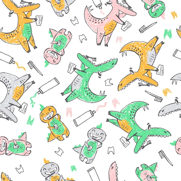 Doodle Niedlichen Dinosaurier Nahtlose Muster Zahnreinigung — Stockvektor