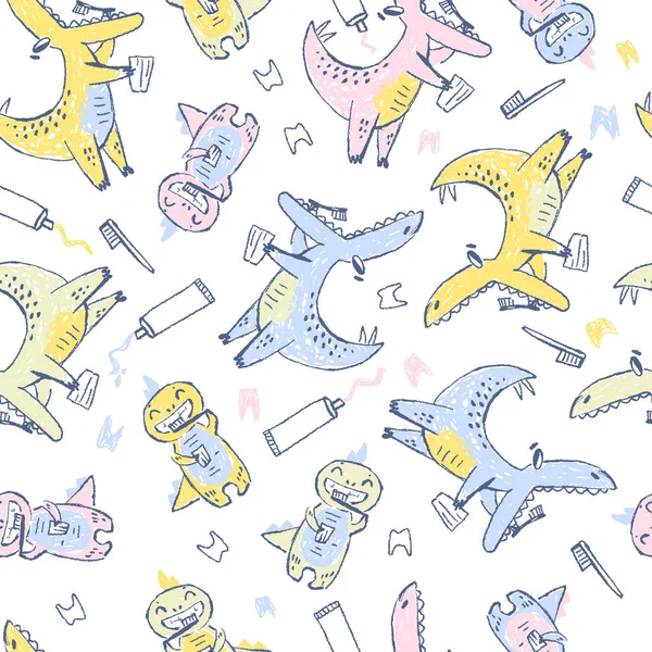 Doodle Carino Dinosauri Modello Senza Soluzione Continuità Pulizia Dei Denti — Vettoriale Stock