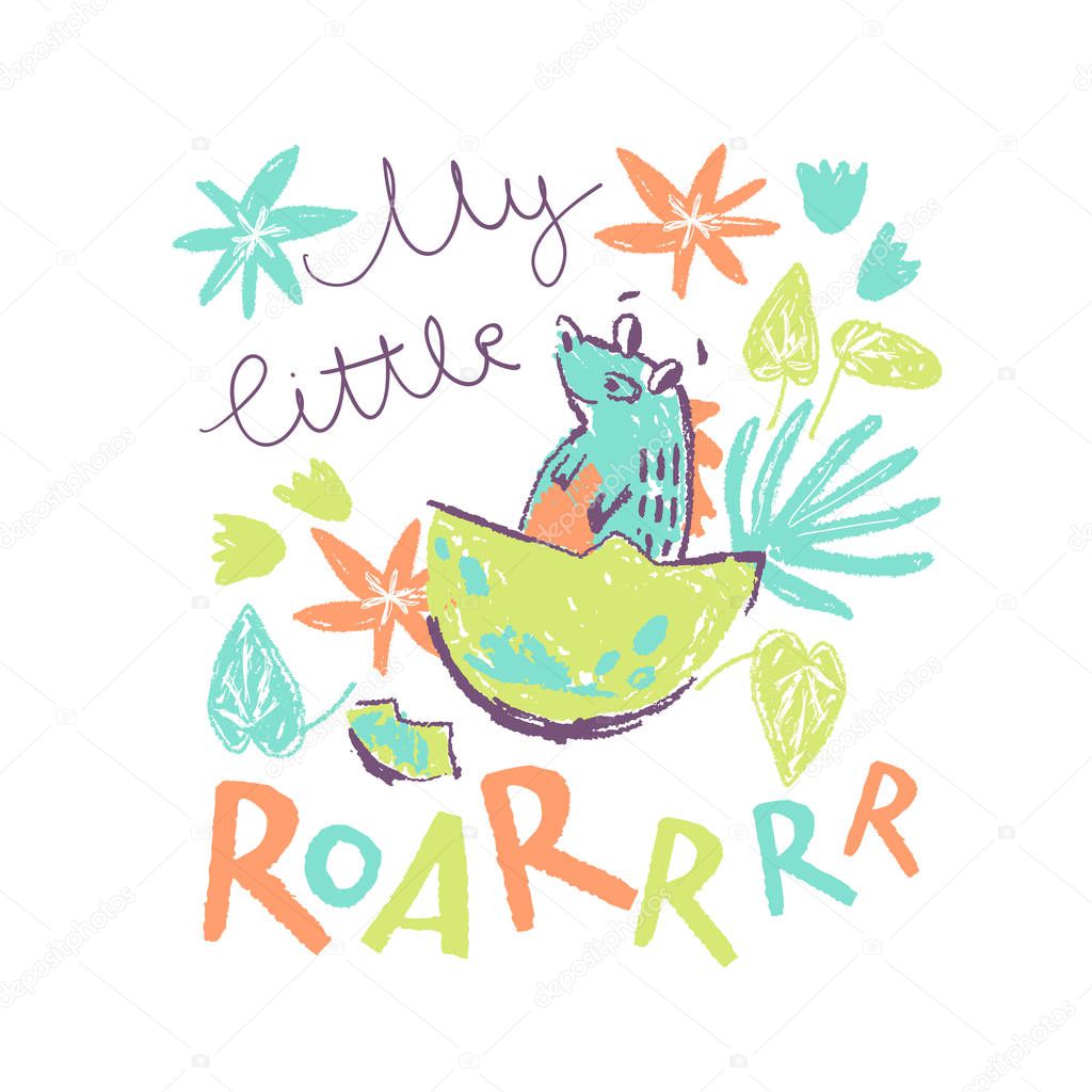 Cute hatching from egg baby dino. My little roar hand lettering.