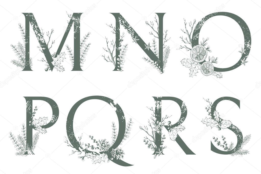 Xmas letters monograms or logos. Uppercase M, N, O, P, Q, R, S with Christmas winter herbal decorations.