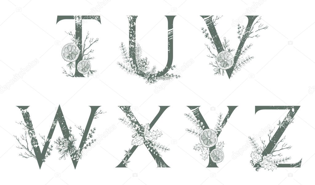 Hand Drawn letters. Uppercase T, U, V, W, X, Y, Z with Christmas winter herbal decorations. Natural sketchy style. 