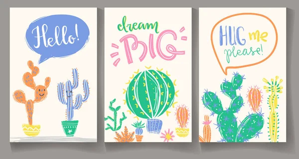 Jeu Cartes Vœux Avec Cactus Succulents Exotiques Lumineux Dans Style — Image vectorielle