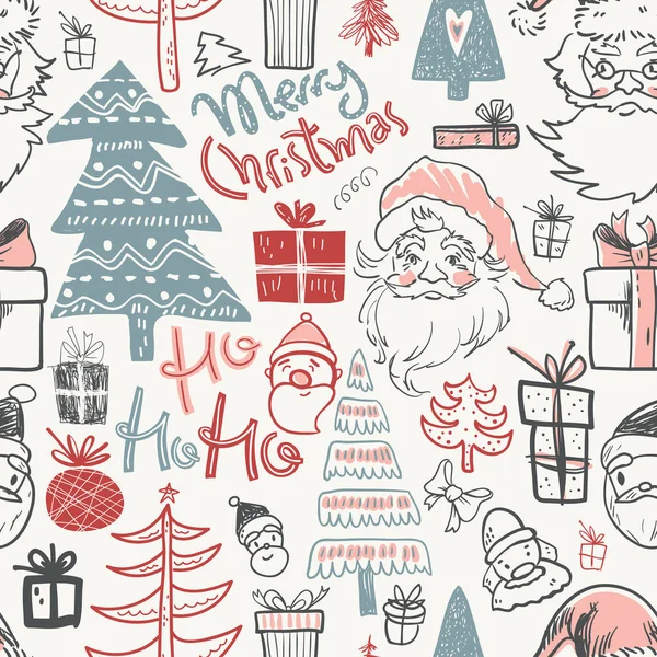 Patrón Vacaciones Invierno Sin Costuras Con Doodle Dibujado Mano Santa — Archivo Imágenes Vectoriales