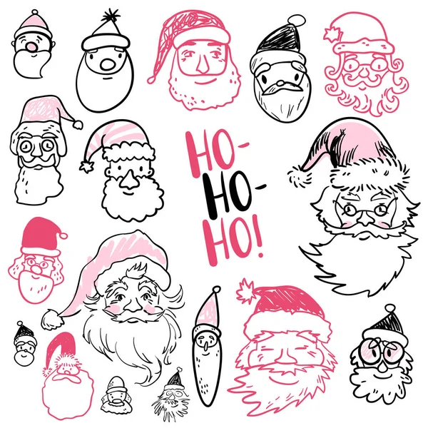 Funny Doodle Santa Faces Collection Icônes Vacances Lettrage — Image vectorielle