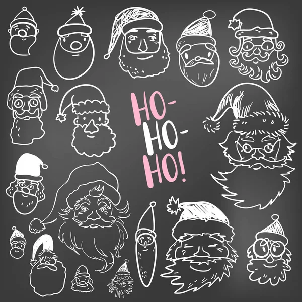 Funny Doodle Santa Faces Collection Icônes Vacances Lettrage — Image vectorielle