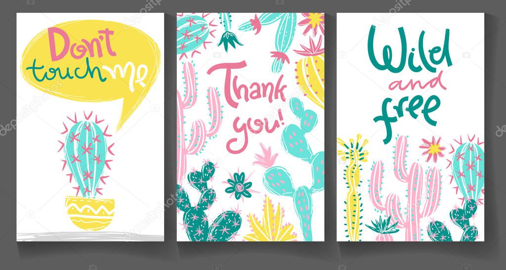 Collection of greeting cards with cactuses. Bright exotic succulents in scandinavian style. Hand letterings. Thank you. Wild and free. Dont touch me.