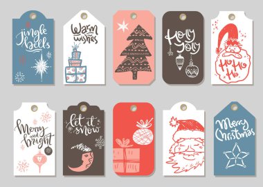 Collection of Christmas and New Year cute ready-to-use gift tags. Retro design. Letterings, Santa, gift boxes, trees, stars. clipart
