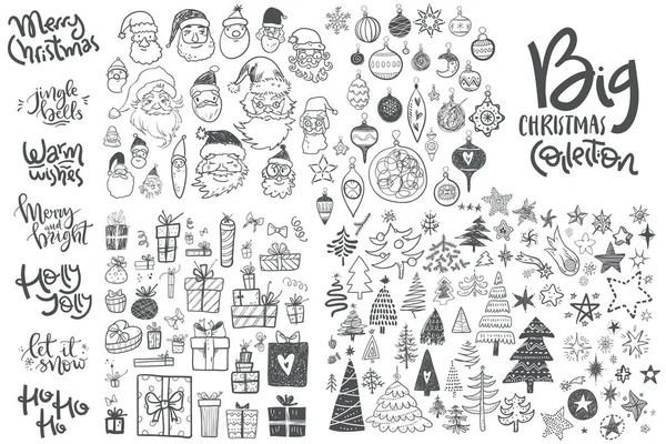 Fantastiske Doodle Ikoner Samling Juletræer Gaveæsker Stjerner Julemænd Dekorationer Håndskrift – Stock-vektor