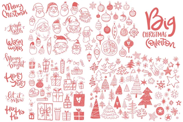 Erstaunliche Doodle Icons Sammlung Weihnachtsbäume Geschenkschachteln Sterne Weihnachtsgesichter Dekorationen Handschriftzüge — Stockvektor